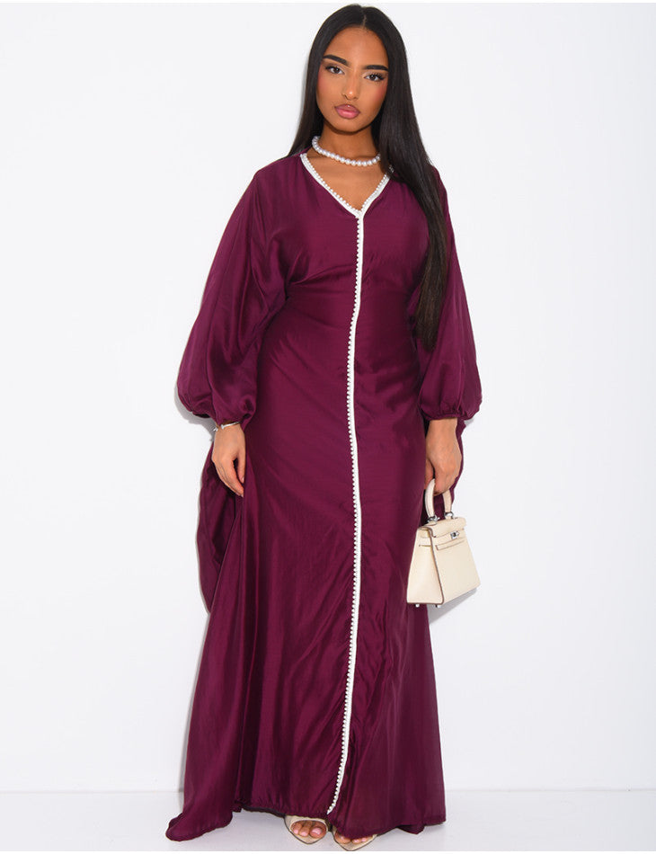 ABAYA PAPILLON EN VOILE À LISERÉ PERLÉE