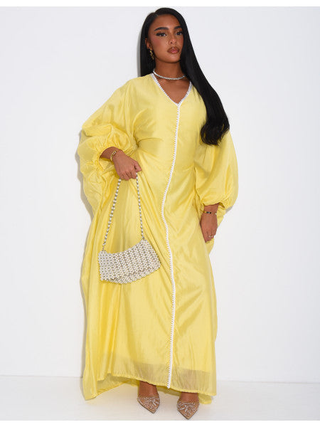 ABAYA PAPILLON EN VOILE À LISERÉ PERLÉE