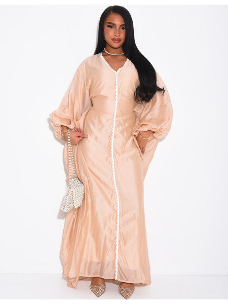 ABAYA PAPILLON EN VOILE À LISERÉ PERLÉE
